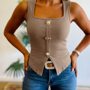 Women's Square Neck Ribbed Tank Top Vintage Abstract Gold Button Knit Camisole Slim Fit Slit Vest