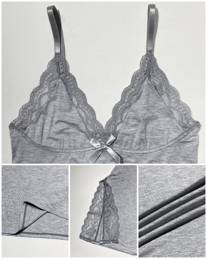 2 Piece Lace Trim Side Slit Bowknot Decor Modal Cami Sleep Dress Cardigan Nightdress Set - Image 3