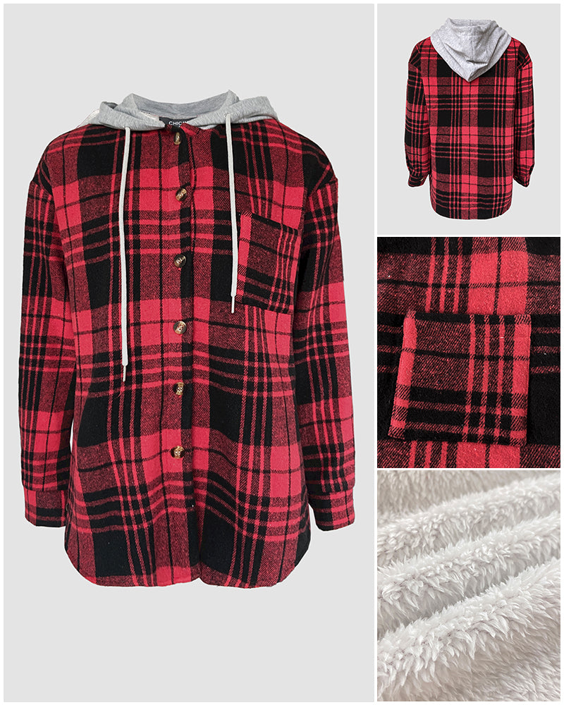 Plaid Print Button Front Pocket Design Drawstring Hoodie Jacket Casual Asymmetrical Hem Thermal Lined Warm Coat - Image 6