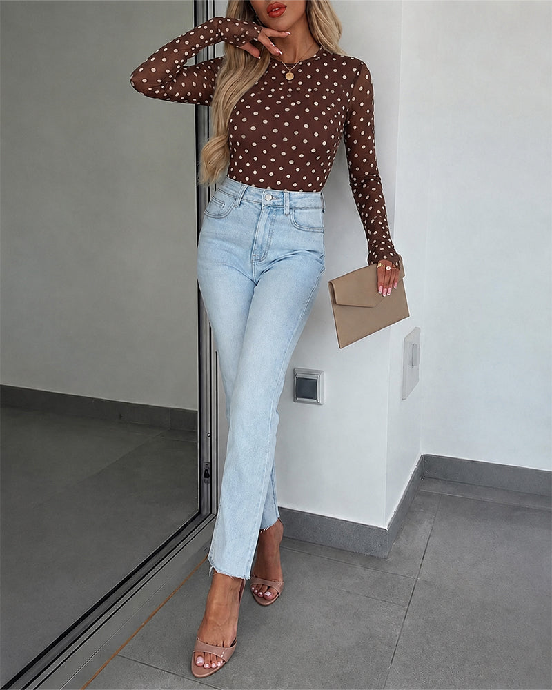 Women's Mesh Polka Dot Top Lined Sheer Long Sleeve Tee Crewneck Slim Fit Layering Under Base Top with Thumbholes - Image 11