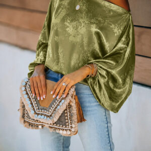 Women's Satin Jacquard Skew Neck Top Loose Vintage Lantern Sleeve Blouse