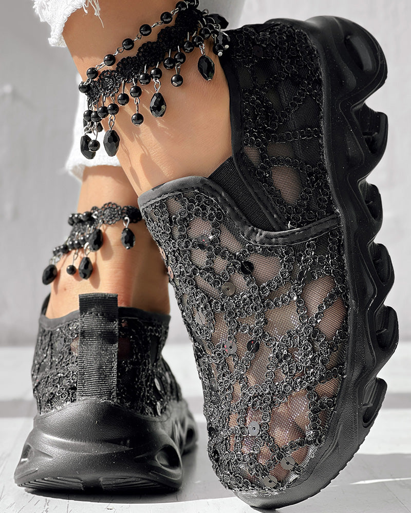 Contrast Sequin Sheer Mesh Patch Breathable Sneakers - Image 16