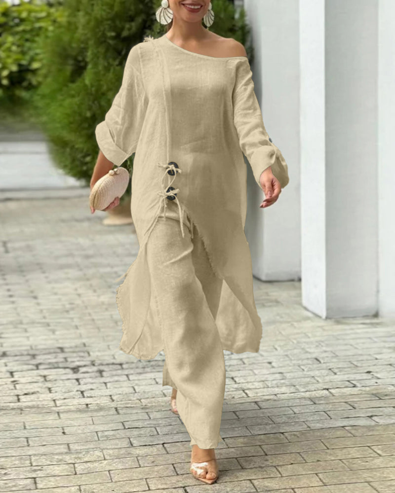 2 Pieces Outfit Button Decor One Shoulder Turn-Up Sleeves Slit Raw Edges Top and Casual Drawstring Elastic Waist Wide Leg Pants Set - Image 10