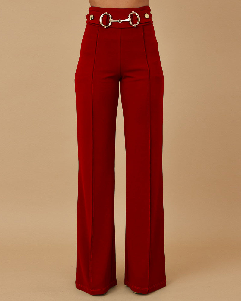 Metal Button Decor High Waist Casual Straight Leg Work Pants - Image 10