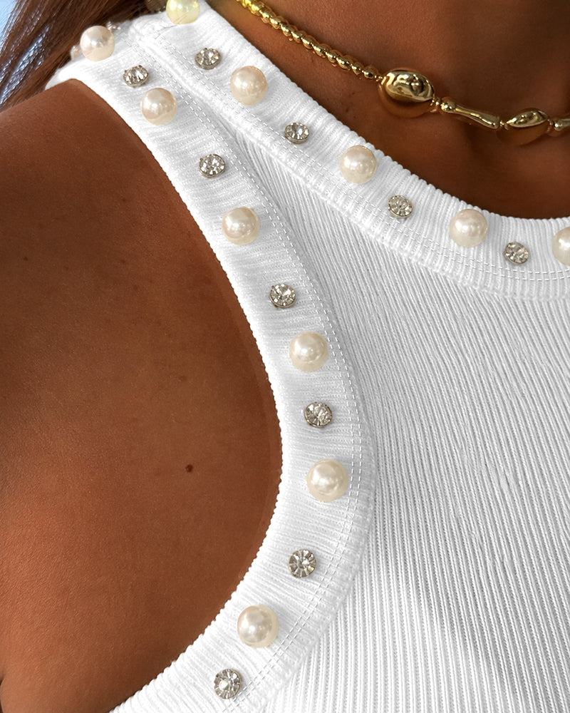 Women's Pearls Rhinestone Knit Racerback Tank Top Ribbed Crewneck Sleeveless Top - Image 6