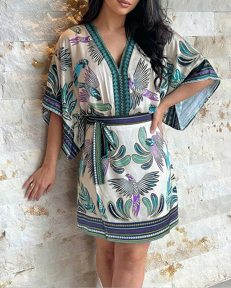 2 Pieces Outfit V-Neck Batwing Sleeve Bodysuit and Zipper Back Tie Waist Wrap Front Skirt Set Casual Animal & Plants Print Vacation Set - Image 4