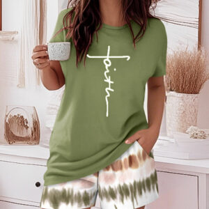 2 Pieces Outfit Graphic Pattern Short Sleeve Top and Casual Tie Dye Print Pants Set
