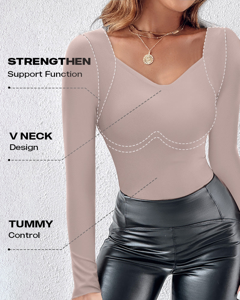 ChicMe ContourX V Neck Shapewear Seamless Tank High Strechy Long Sleeve Slim Fit Tops - Image 2
