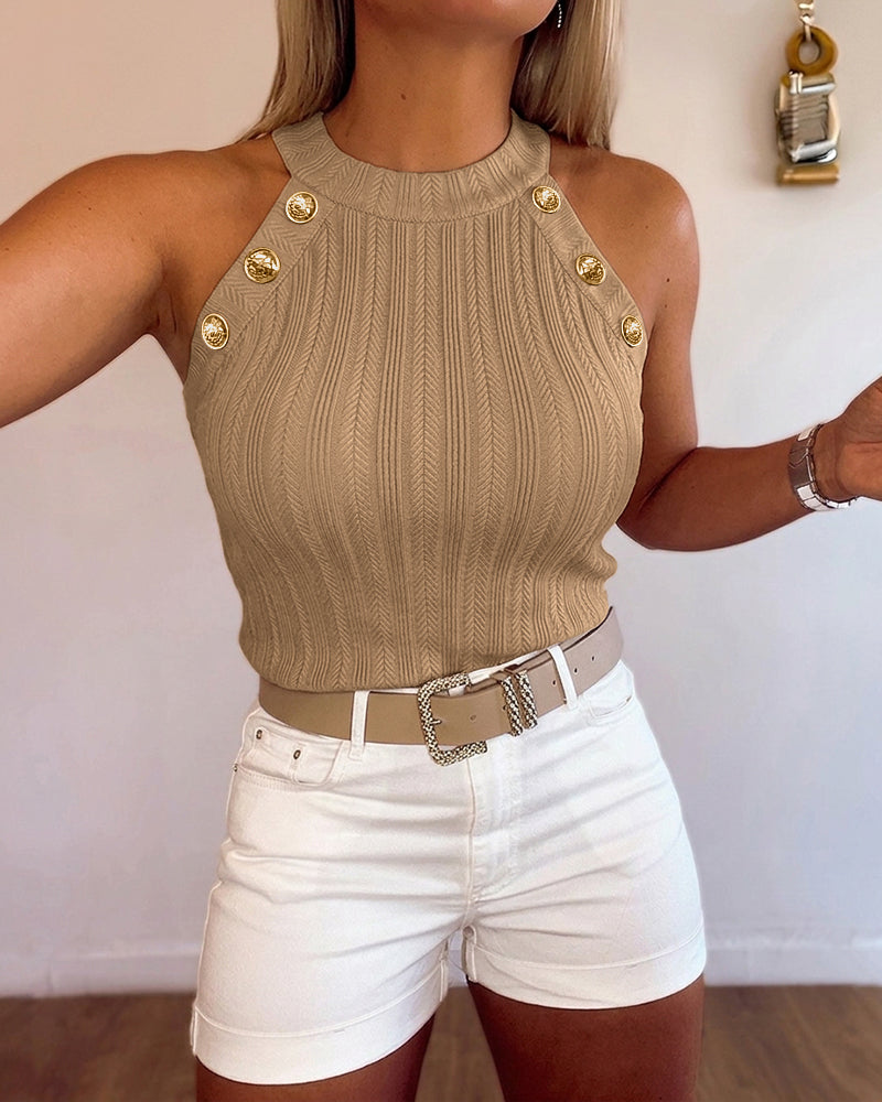 Women's Halter Neck Knit Tank Top Gold Button Cable Knit Vest Sleeveless Slim Fit Ribbed Top - Image 3