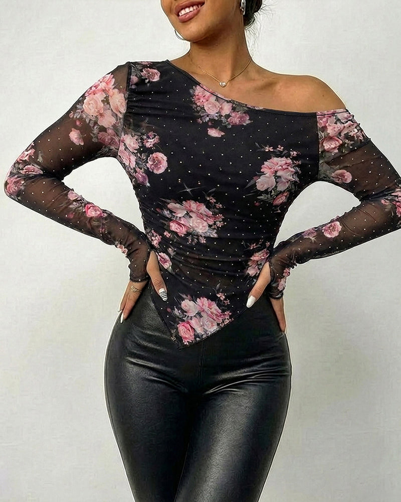 Women's Skew Neck Floral Mesh Top Rhinestone Long Sleeve Shirt Ruched Slim Fit Asymmetrical Hem Blouse with Thumbholes - Image 3