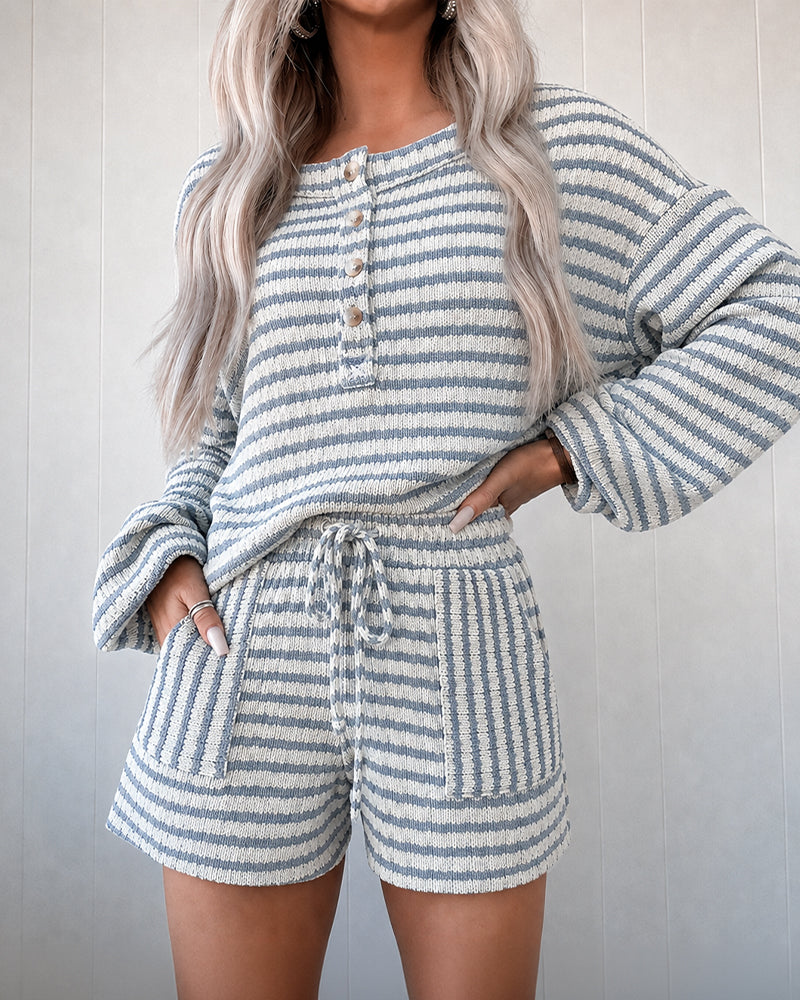Women's Striped Two Piece Outfit Henley Lantern Sleeve Top and Drawstring Shorts Casual Lounge Set - Image 3