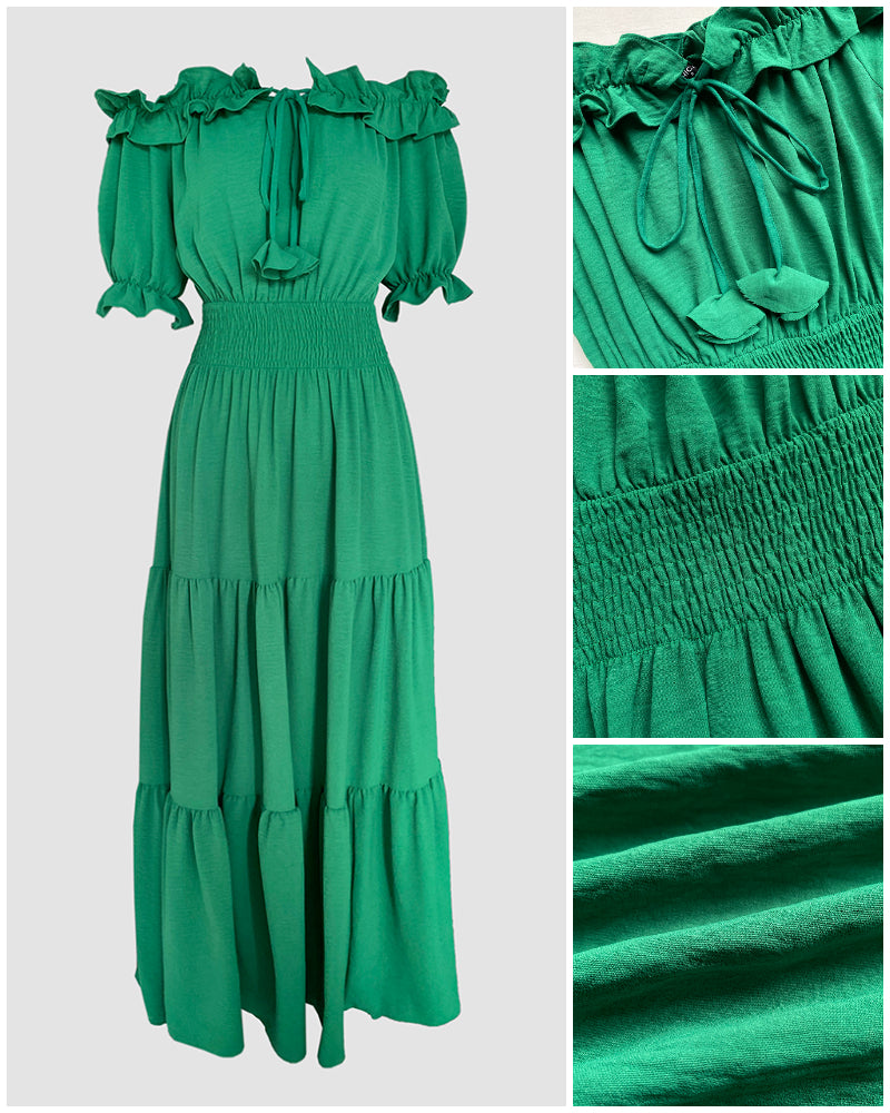 Off Shoulder Short Sleeve Frill Hem Lace Up Dress Casual Strechy Waist Flared Maxi Dress - Image 5