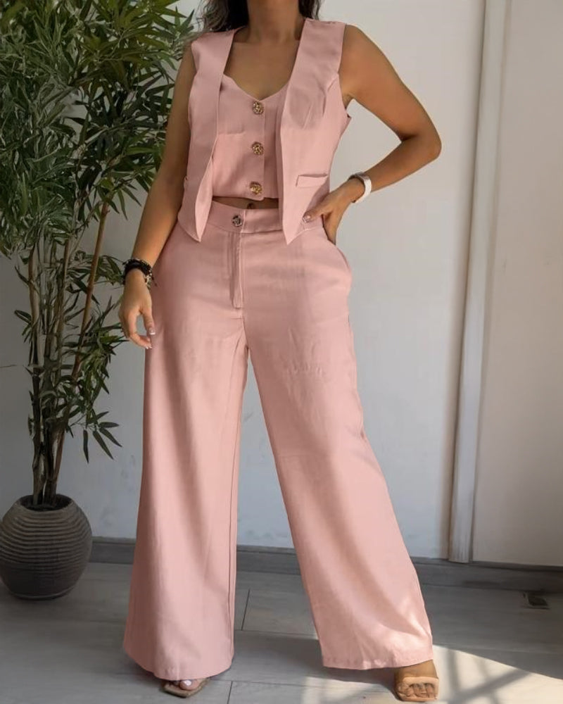 Women's Two Piece Outfits Faux Two Piece Sleeveless Crop Top and High Waisted Wide Leg Pants Elegant Matching Suit - Image 19