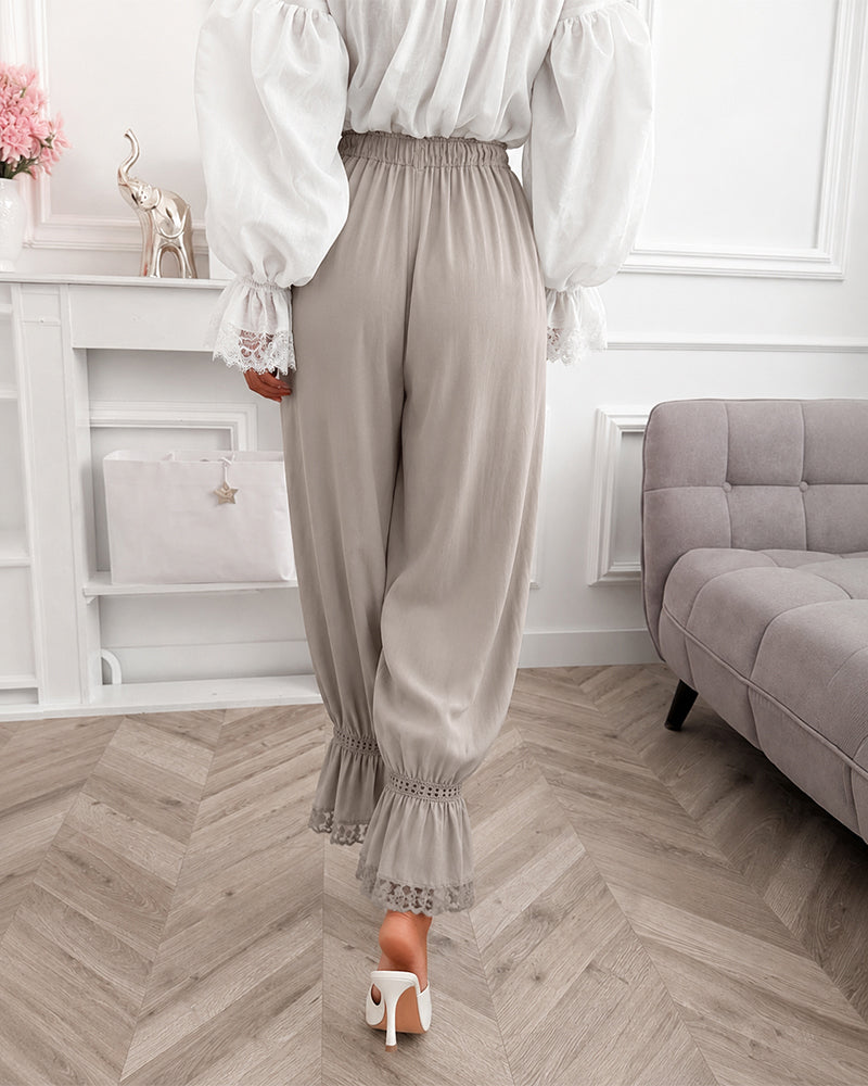 Women's Lace Patchwork Pants Elastic High Waist Hollow Out Ruffle Hem Lantern Trousers Casual Loose Lounge Pants - Image 2