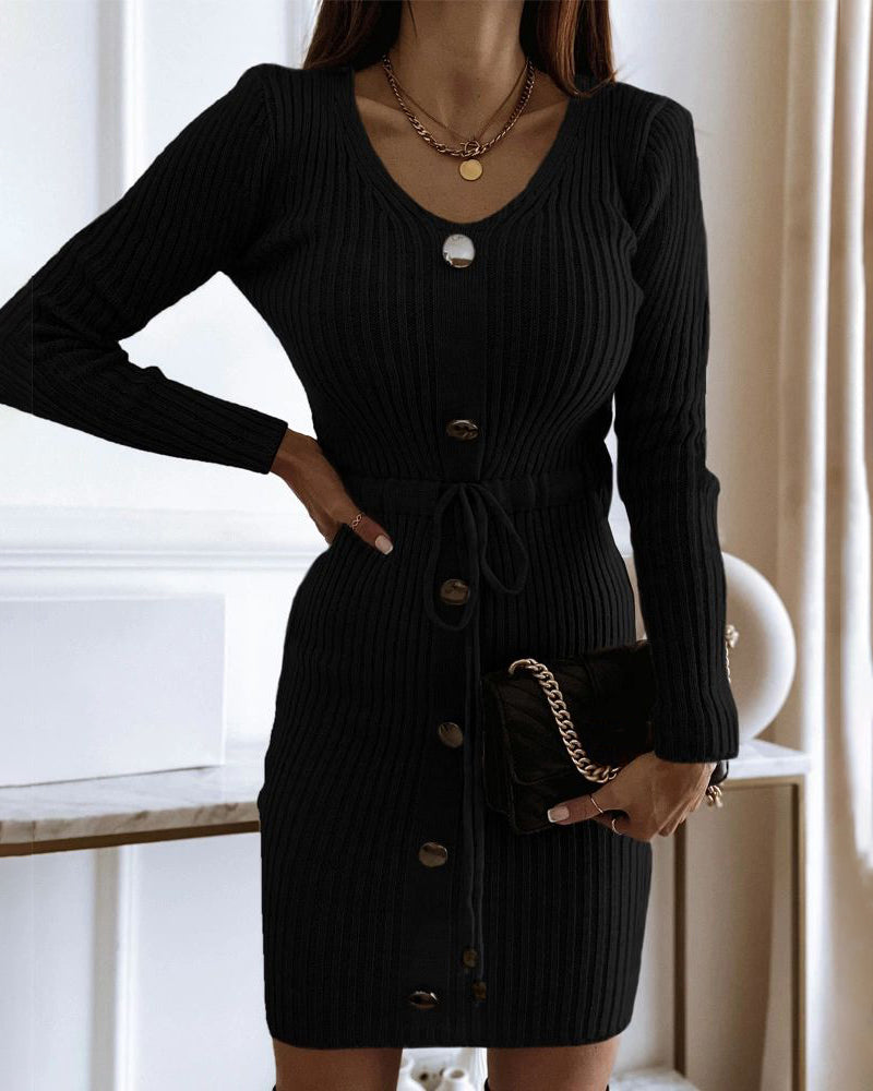 Button Decor V-Neck Long Sleeve Knit Bodycon Dress Drawstring Waist Ribbed Mini Dress - Image 5