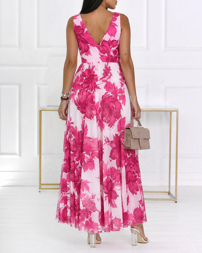 Women's Floral Print Maxi Dress Overlap V Neck Backless Chiffon Sundress Sleeveless High Waist Flowy A-Line Vacation Dress - Image 2