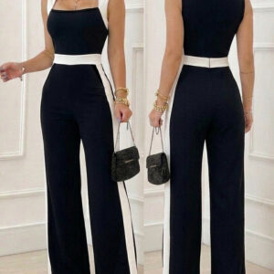 Women's Colorblock Jumpsuit Elegant Square Neck Sleeveless Wide Leg Overalls High Waisted Work Outfits with Pockets