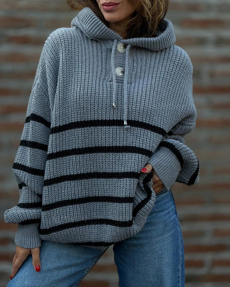 Women's Striped Henley Drawstring Hooded Sweater Loose Fit Lantern Sleeve Knit Pullover - Image 16