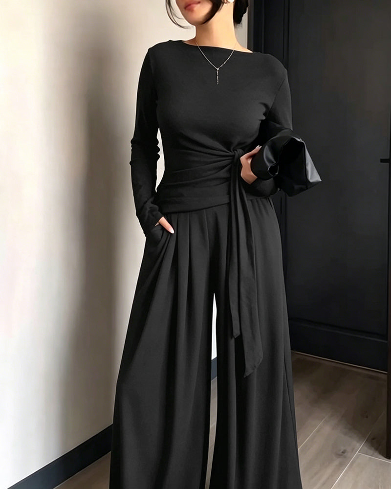 Women's 2 Piece Knit Lounge Set Long Sleeve Tie Waist Top and High Waisted Wide Leg Pants Casual Soft Sweatsuit with Pockets - Image 15