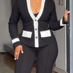 Women's Contrast Binding Coat Casual Slim Fit V Neck Jacket Button Front Office Business Workwear