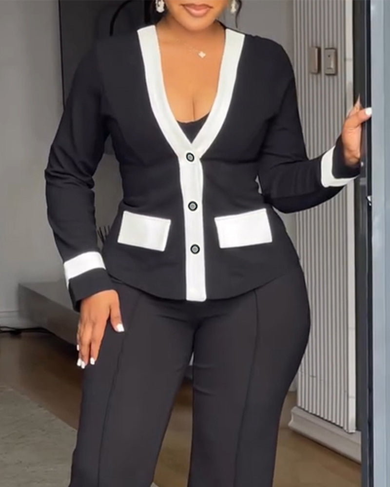 Women's Contrast Binding Coat Casual Slim Fit V Neck Jacket Button Front Office Business Workwear