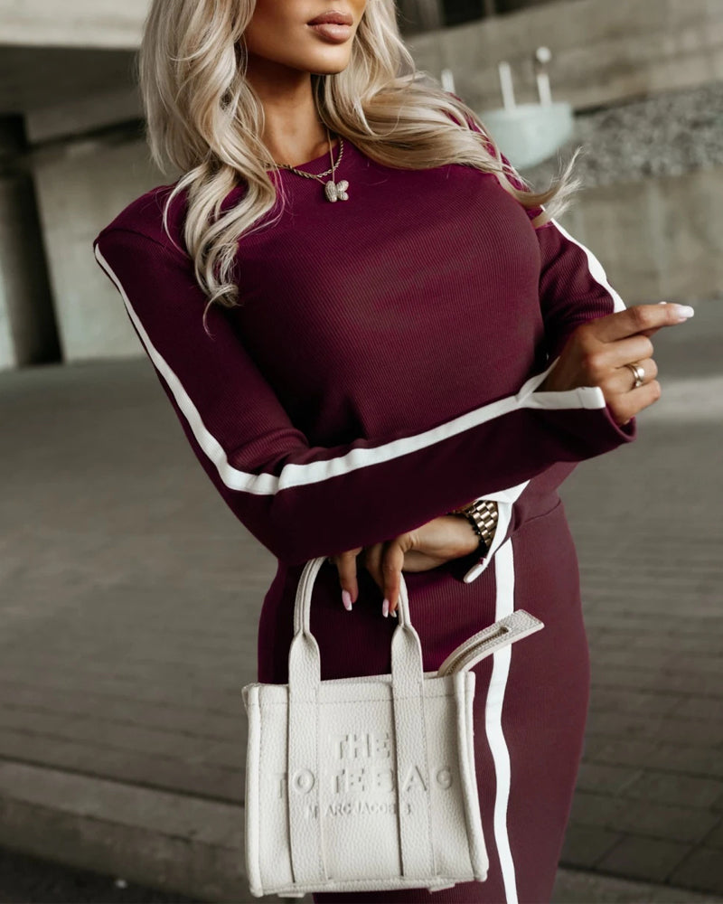 2 Pieces Outfit O-Neck Long Sleeve Slit Cuffs Pullover Top and Elastic Waist Slit Front Skirt Set Casual Contrast Striped Set - Image 5