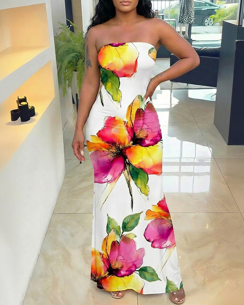Watercolor Floral Print Slim Fit Stretchy Maxi Dress Chic Tube Dress - Image 5