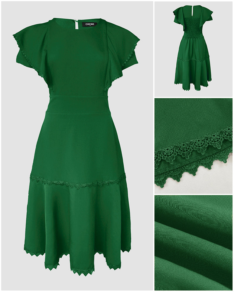 Butterfly Sleeve Hollow-out Back Shirred Dress Casual Cinched Waist Lace Trim Ruffle Hem Commuting Dress - Image 18