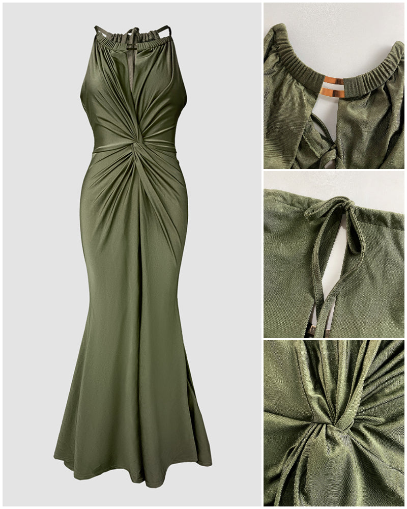 Women's Halter Tie Satin Maxi Dress Twist Front Cutout Backless Mermaid Cockail Dress Ruched Evening Party Dress - Image 6