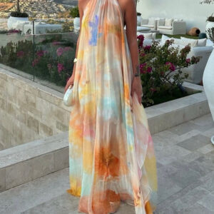 CHICME Women's Tie Dye Print Chiffon Maxi Dress Halter Neck Backless Tied Flowy A-Line Long Dress for Vacation