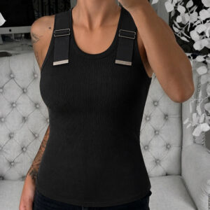 Women's Ribbed Knit Tank Top Adjustable Buckle Strap Side Ruched Knit Top Curved Hem Slim Fit Vest