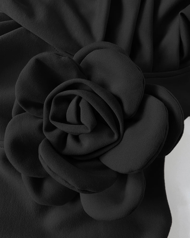 3D Flower Decor Round Neck Puff Sleeve Bodycon Dress Casual Ruched Slit Zipper Back Work Dress - Image 21