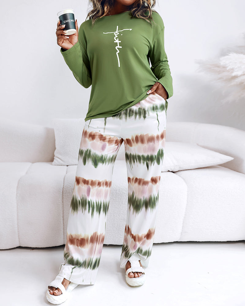 2 Pieces Outfit Letter Print Long Sleeve Top and Tie Dye Print Elastic Waist Pants Set Casual Pajamas Set - Image 5
