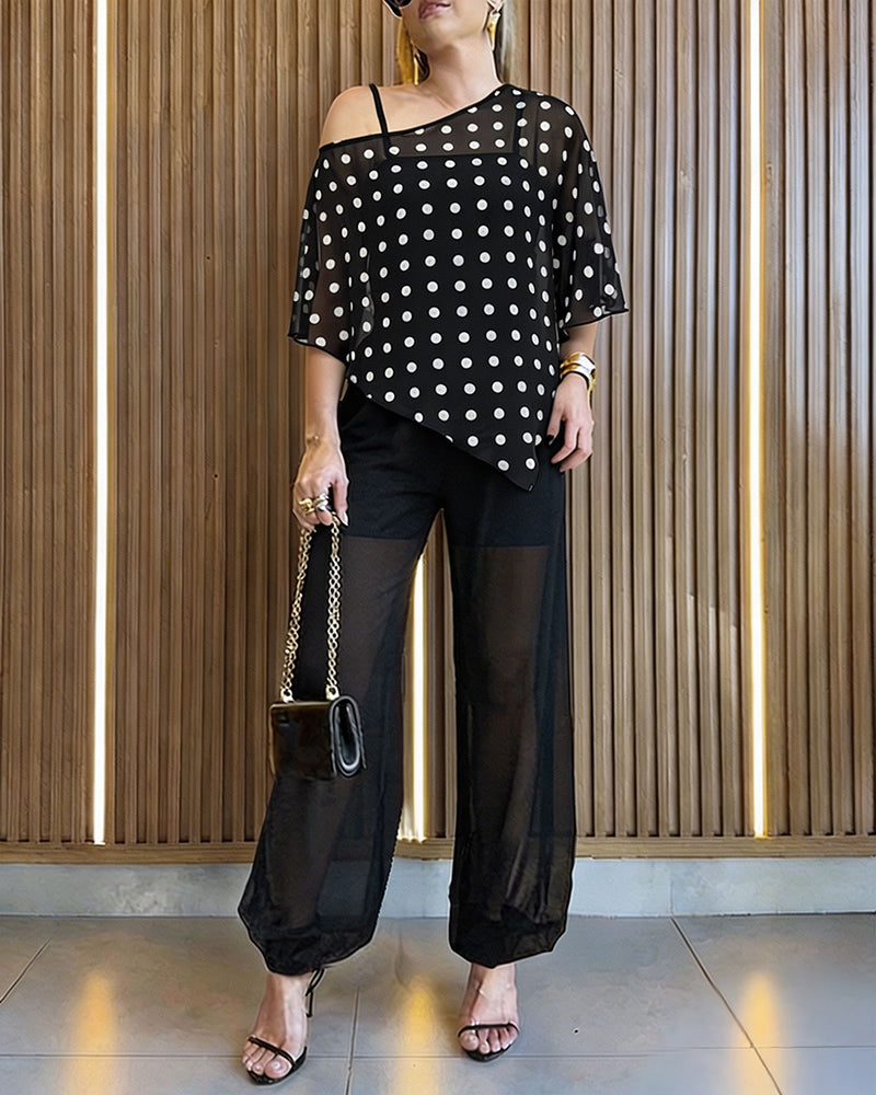 Women's 3 Piece Outfits Polka Dot Skew Neck Cape Top and Sheer Lantern Pants Set with Camisole Liner Party Clubwear - Image 3