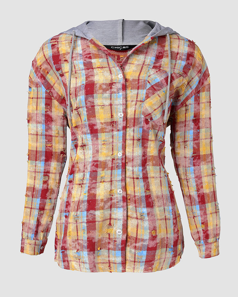 Colorblock Plaid Print Hooded Distressed Button Front Coat Shacket - Image 5