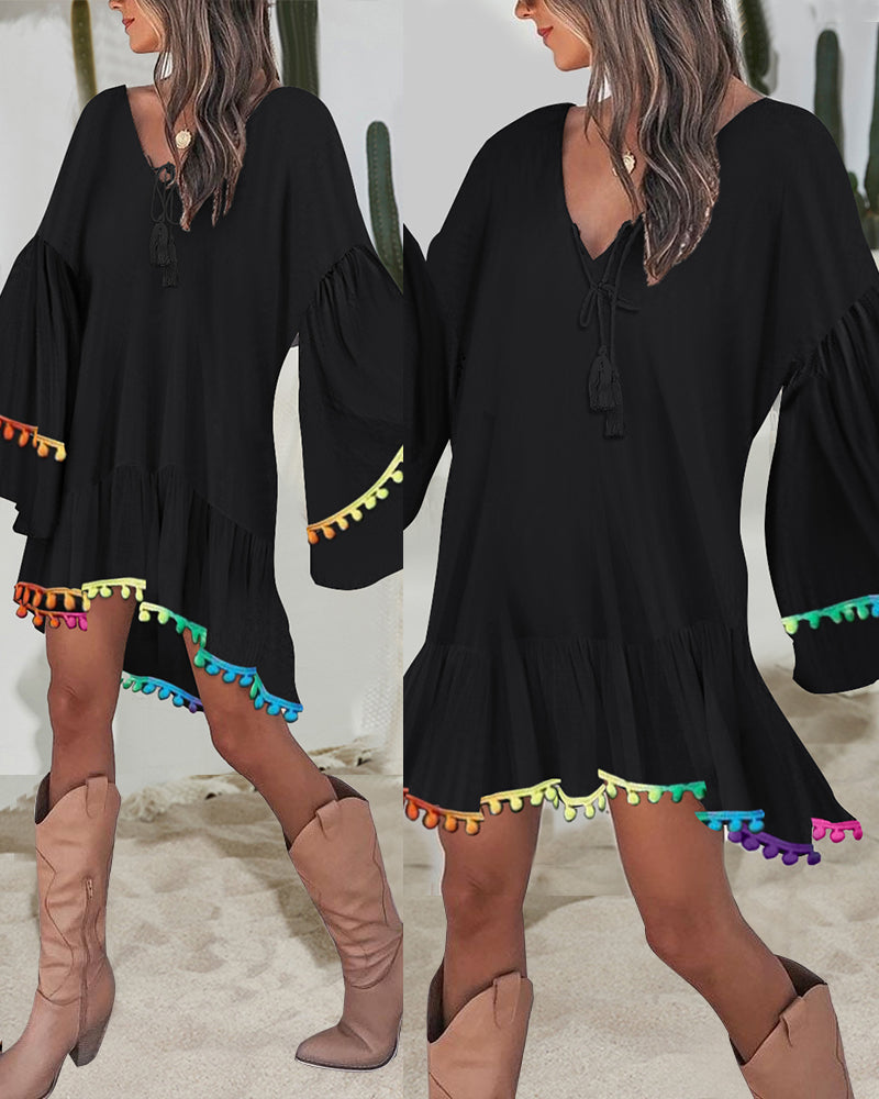 Colorblock V-Neck Bell Sleeve A Line Tassel Mini Dress Vacation Dress - Image 3