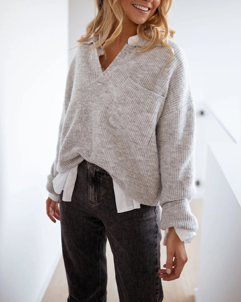 Women's Rib-Knit Polo Sweater V-Neck Collared Long Sleeve Pullover Loose Fit Drop Shoulder Top - Image 4