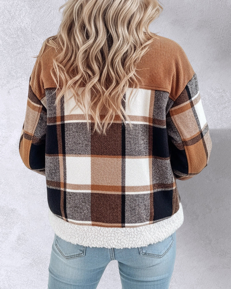 Vintage Plaid Print Corduroy Spliced Turn-down Collar Button Front Thermal Lined Jacket Casual Flap Detail Faux Shearling Trim Crop Warm Coat - Image 2