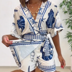 Starfish & Seashell Print Overlap V Neck Half Sleeve Wrap Knot Side Romper Casual Stretchy Back Waist Vacation Romper