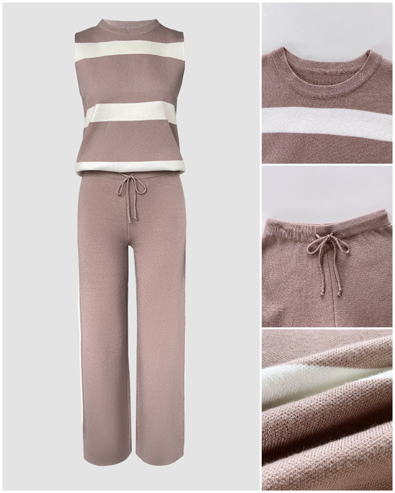 Striped Print Round Neck Sleeveless Top and Casual Elastic Waist Drawstring Pants Sets - Image 5