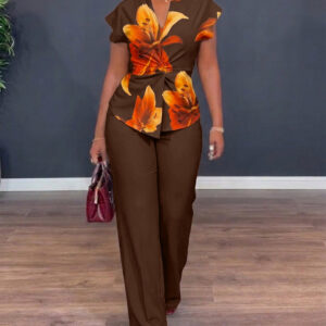 Women's Two Piece Outfit Vintage Floral Twist Front Top and Straight Leg Pants Set