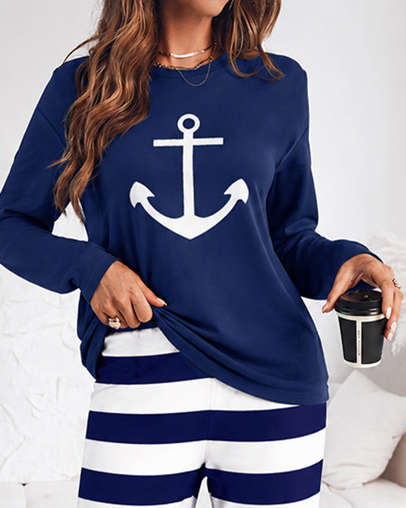 Women's 2 Piece Pajama Set Anchor Long Sleeve Top and Striped Wide Leg Pants Casual Lounge Set - Image 3
