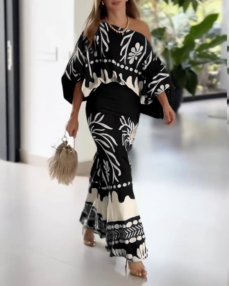 2 Pieces Outfit Skew Neck Lantern Sleeve Loose Fit Top and High Waist Elastic Waist Fishtail Maxi Skirt Set Casual Tropical Print Vacation Set - Image 11