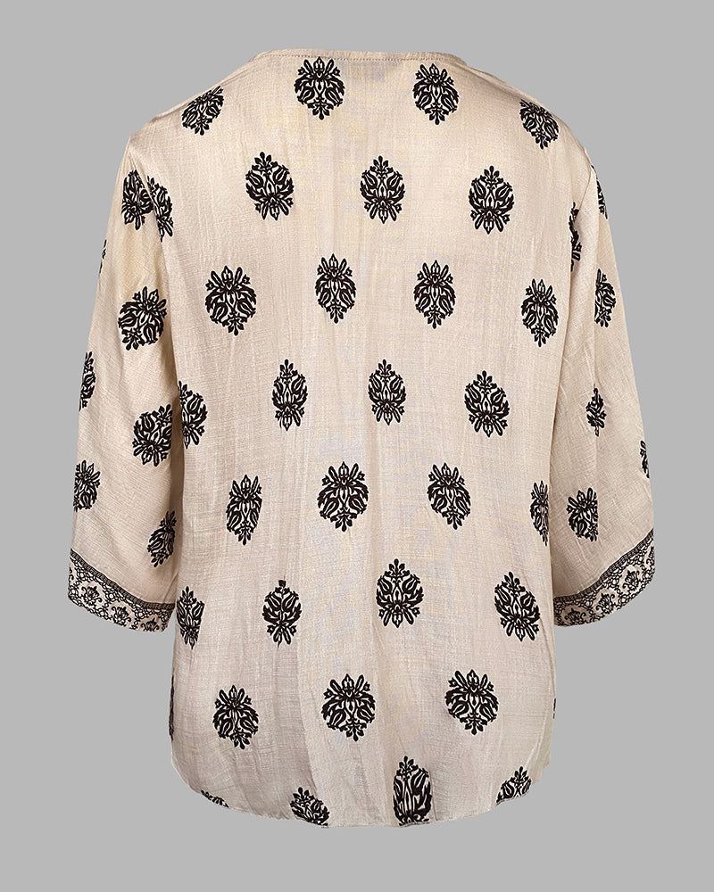 Floral Print V Neck Long Sleeve Blouse Casual Loose Fit Top - Image 22
