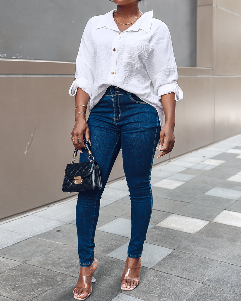 Metal Chain Decor Turn-down Collar Turn-Up Sleeves Front Button Shirt Casual Backless Asymmetrical Hem Top - Image 3