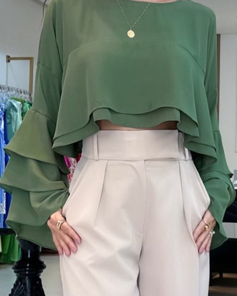Round Neck Bell Sleeve Crop Top Casual Loose Fit Layered Blouse - Image 11