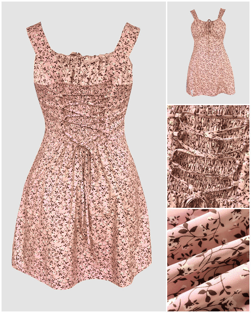 Ditsy Flora Print Square Neck Thick Strap Jumpsuit Tied Detail Shirred Back Slit Slim Fit Skort Romper - Image 7
