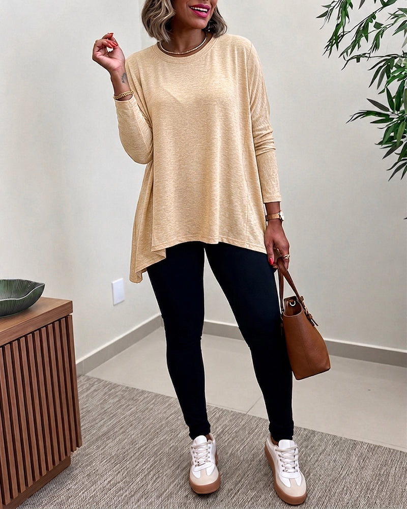Women's Asymmetric Hem Long Sleeve Top Loose Fit Dropped Shoulder Crewneck Soft Slouchy Casual Tee - Image 7