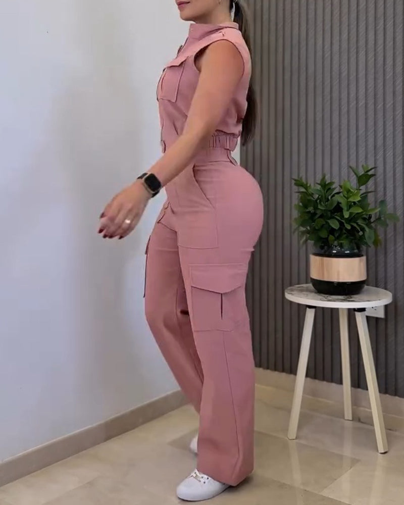 Stylish Plain Two-piece Set 3D Cargo Pockets Sleeveless Tank Top and Casual High Waist Wide Leg Pants Set - Image 3
