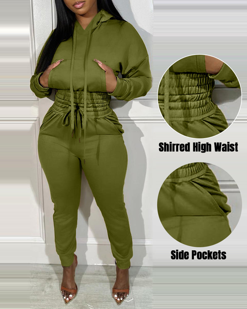 2 Pieces Outfit Drop Shoulder Kangaroo Pocket Stretchy Hem Crop Drawstring Hoodie Sweatshirt And Drawstring Elastic Waist Jogger Sweatpants Casual Tracksuit - Image 13